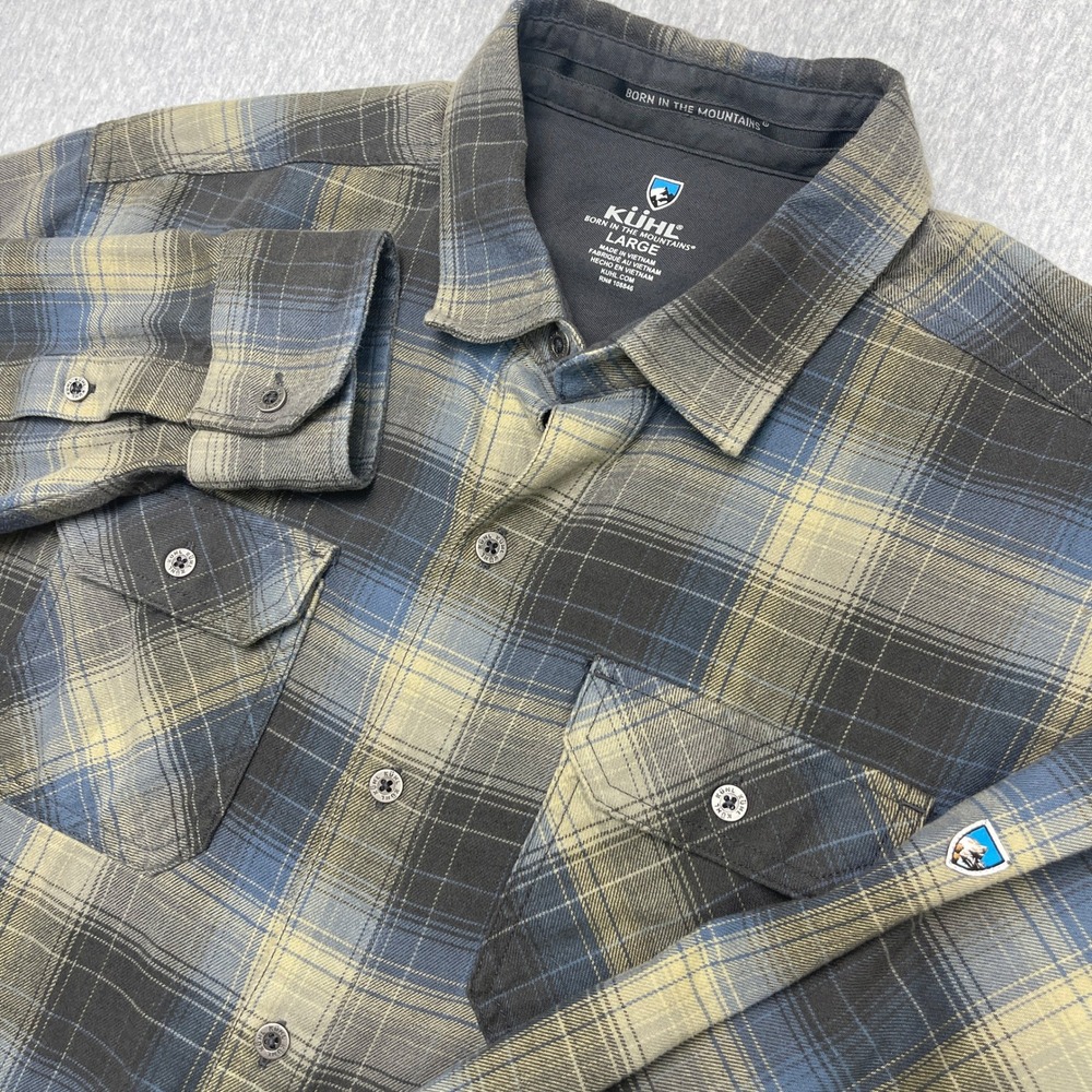 KUHL Shirt Mens Large Button-down Blue Gray Plaid Flannel Long Sleeve Dillinger